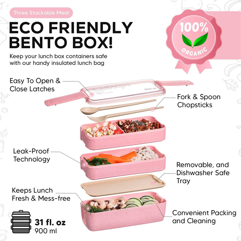 3-In-1 Compartment Wheat Straw - Meal Prep Lunch Boxes ulasan dan harga