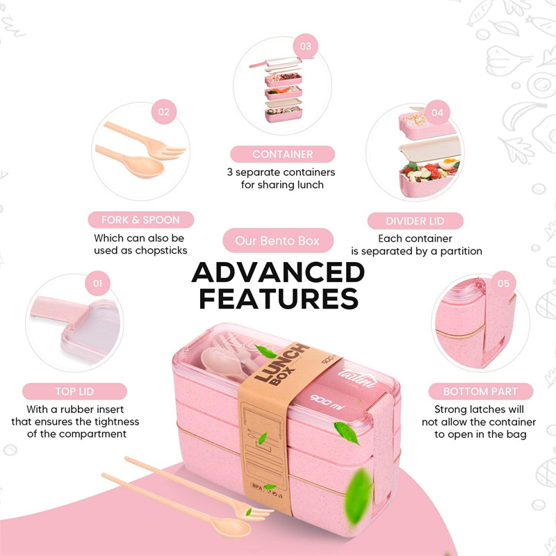 3-In-1 Compartment Wheat Straw - Meal Prep Lunch Boxes ulasan dan harga